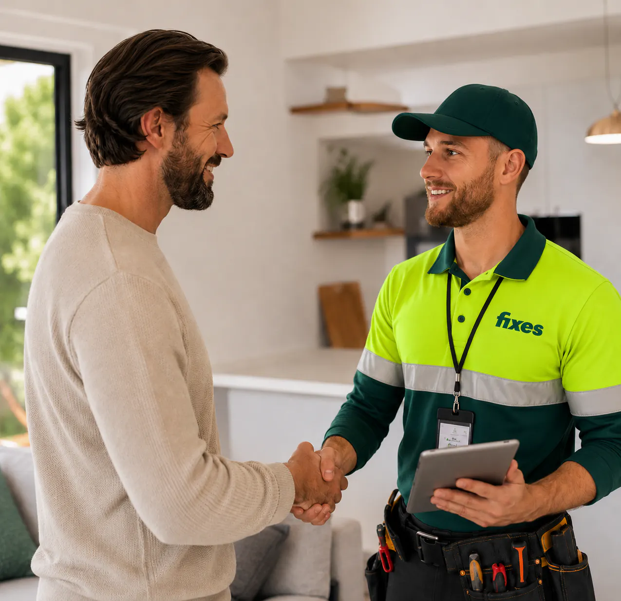 A Fixes professional greeting a homeowner